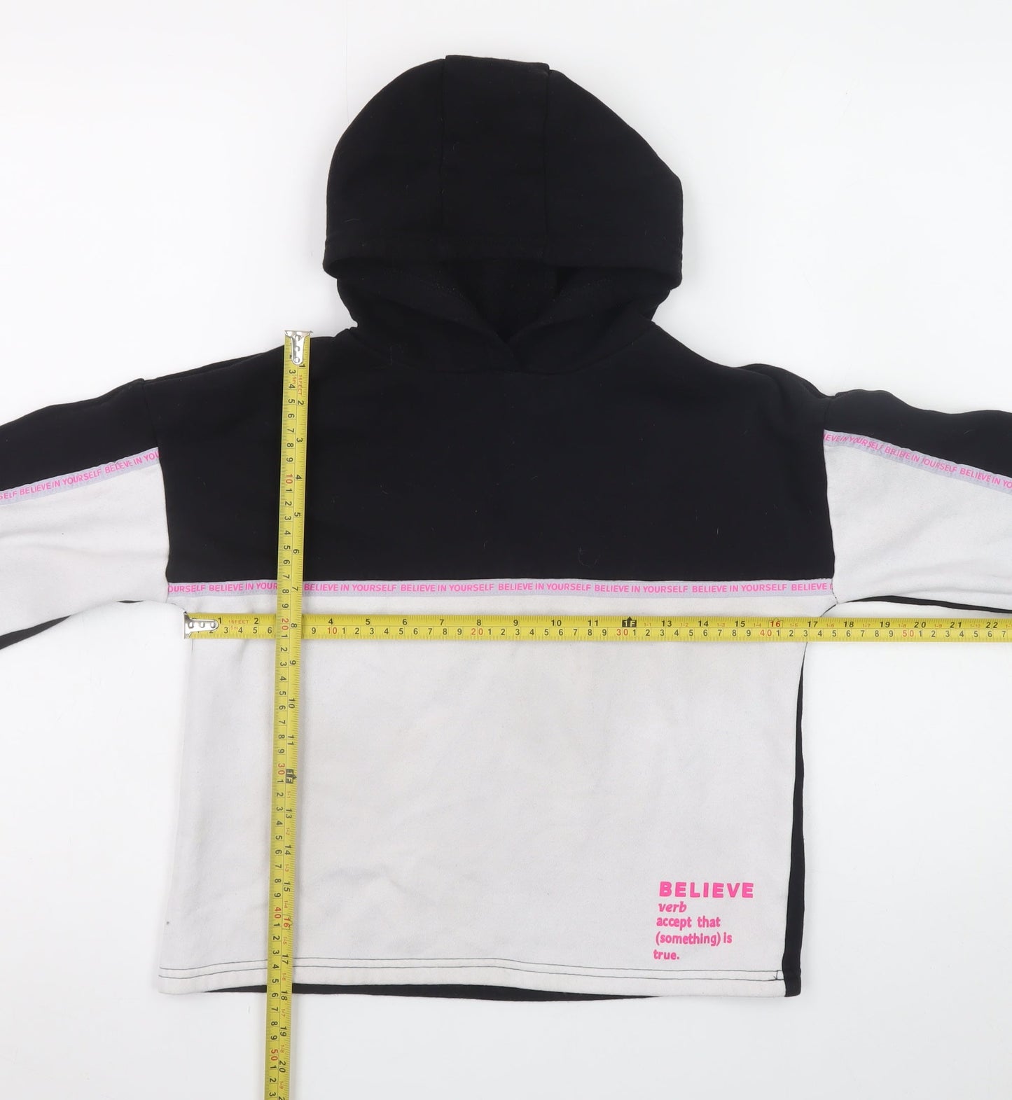 Primark Girls Black & White Pullover Hoodie 12-13 Years Believe Print