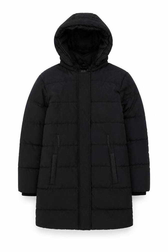 Front view of Marks & Spencer boys’ black hooded puffer jacket 13-14 years winter coat