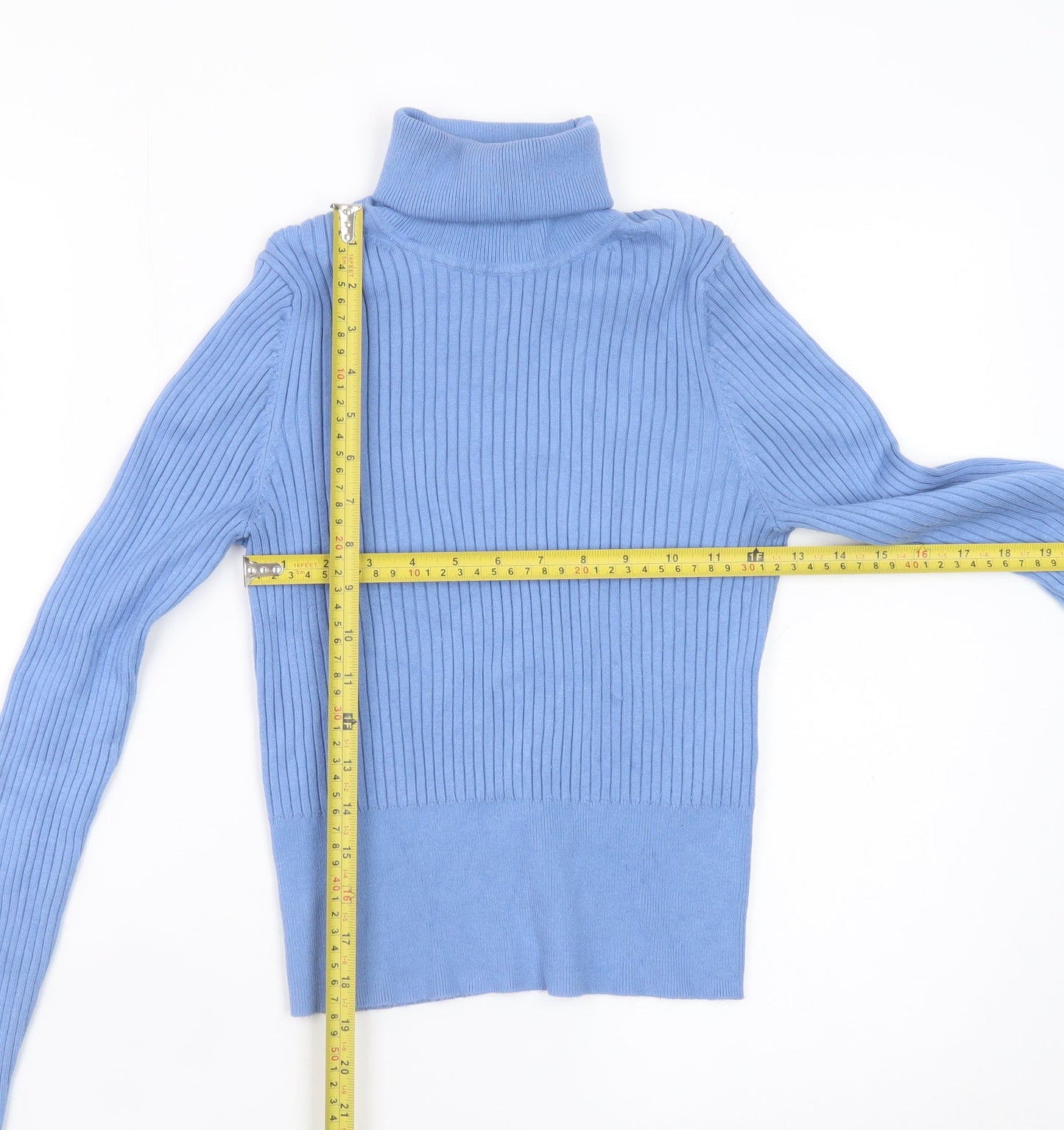 ZARA Women Blue Roll Neck Ribbed Knit Top Size 12 Slim Fit