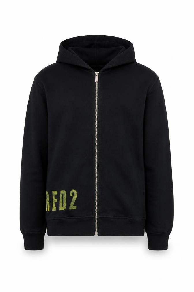 Front view of Dsquared2 boys’ black full zip hoodie 16 years cotton blend graphic print