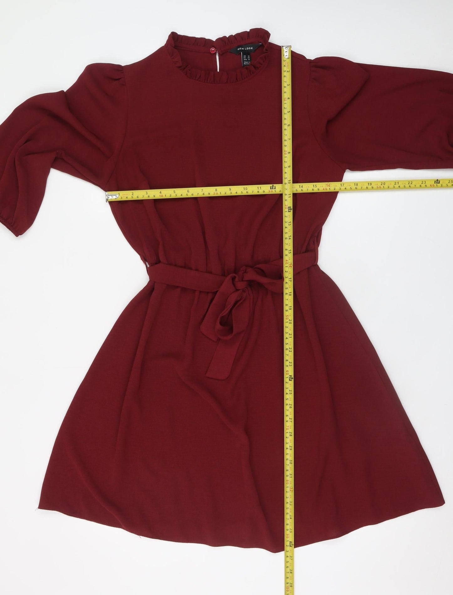 New Look Women Red A-Line Short Dress Size 14 3/4 Sleeve Belted