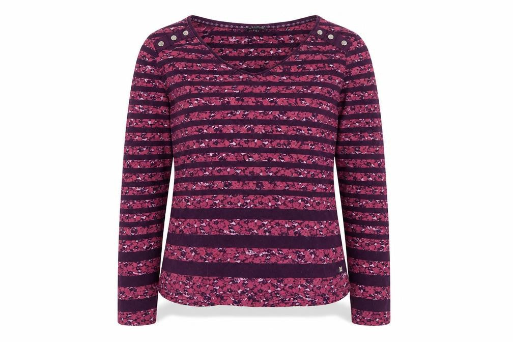 Front view of Maine New England Women's Purple Striped Long Sleeve Cotton T-Shirt, size 14