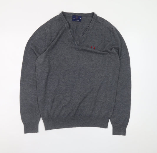 Fred Perry Men's Grey Wool V-Neck Jumper Size M Classic Knitwear