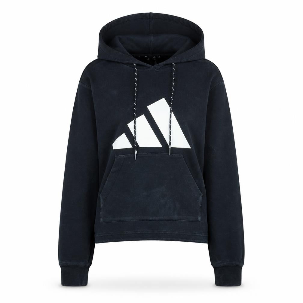 Front view of Adidas women’s black xs pullover hoodie with logo print