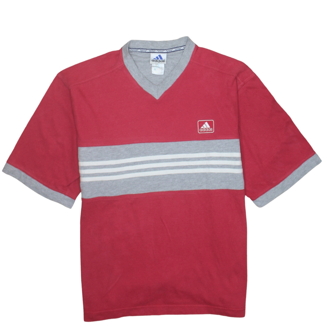 Adidas Men's Red Grey V-Neck Striped T-Shirt XL Cotton Classic Style