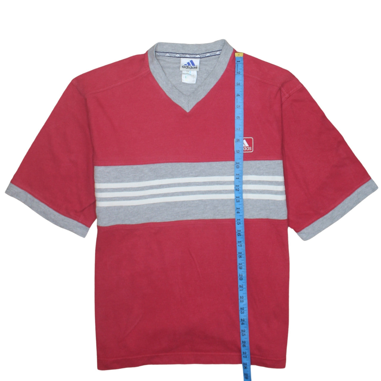 Adidas Men's Red Grey V-Neck Striped T-Shirt XL Cotton Classic Style