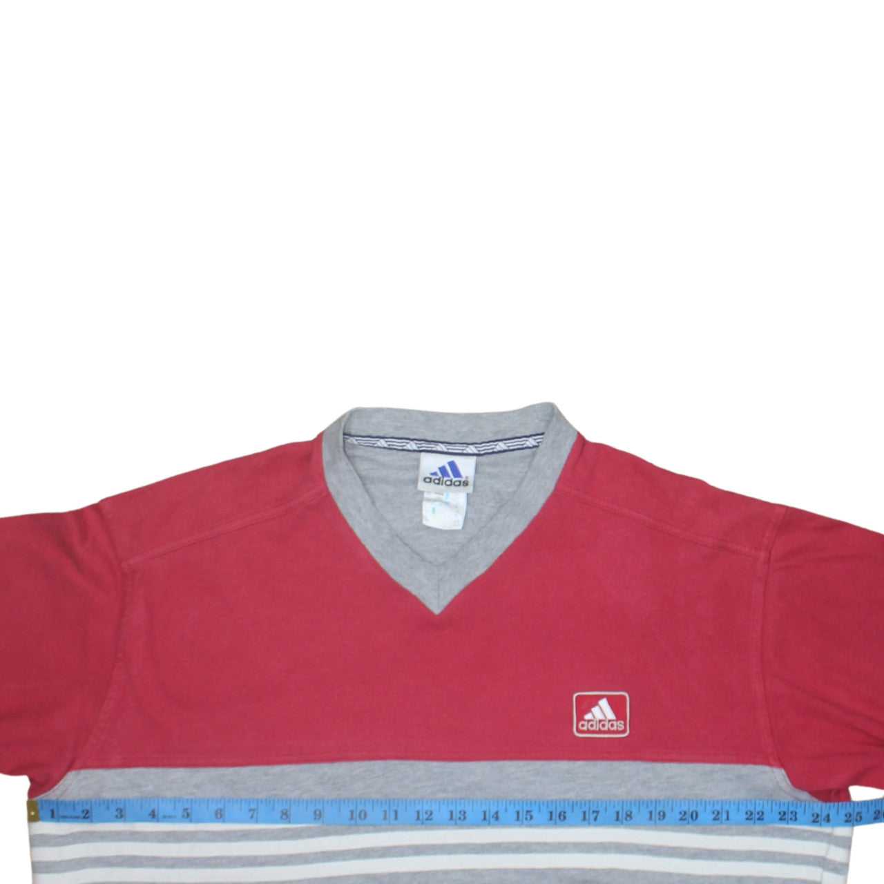 Adidas Men's Red Grey V-Neck Striped T-Shirt XL Cotton Classic Style