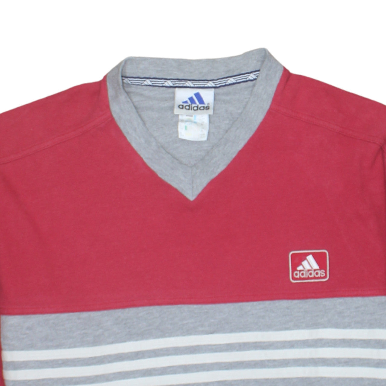 Adidas Men's Red Grey V-Neck Striped T-Shirt XL Cotton Classic Style