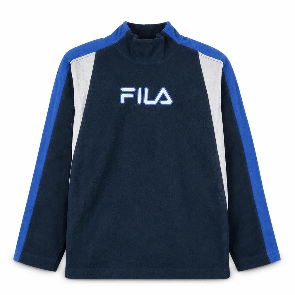 Front view of Fila boys’ navy blue fleece sweatshirt, size 14, years pullover logo top