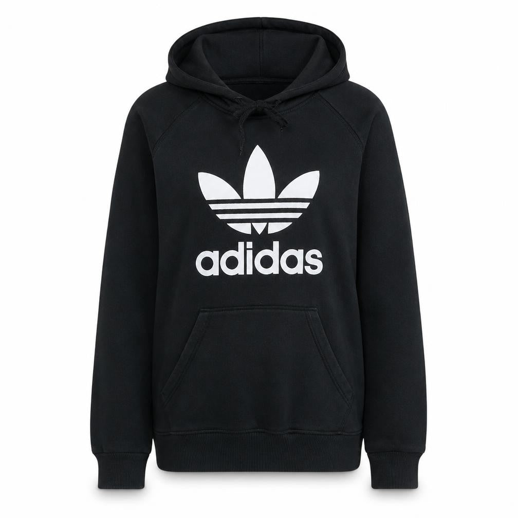 Front view of Adidas women’s black small pullover hoodie with logo print