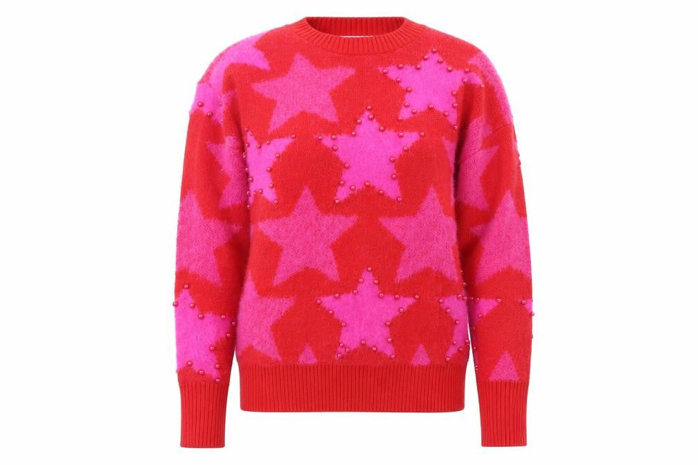 Savida Women's Red Pink Star Beaded Crew Neck Jumper Size 12