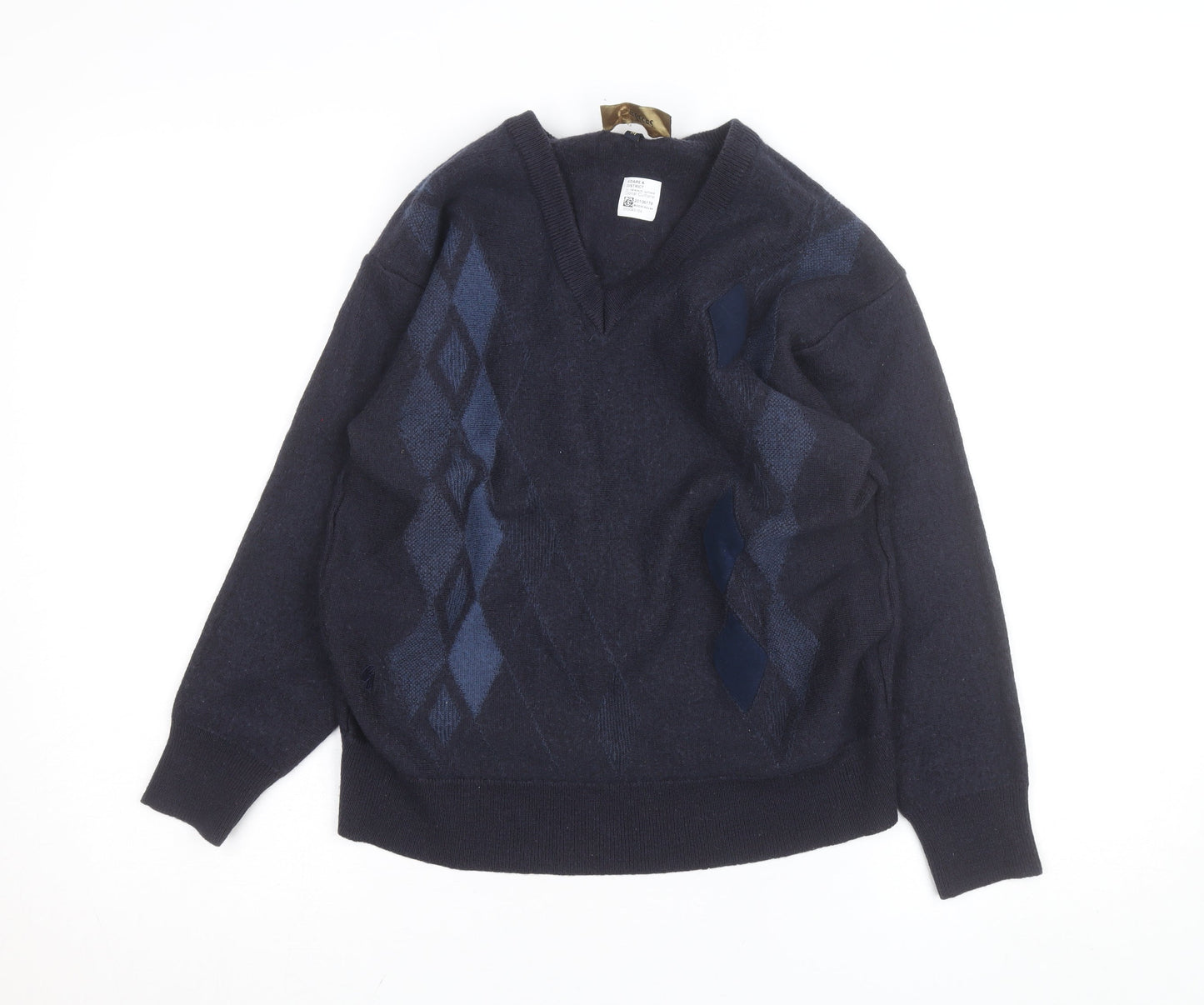 Gabicci Men's Blue Argyle Wool Blend V-Neck Jumper Size M