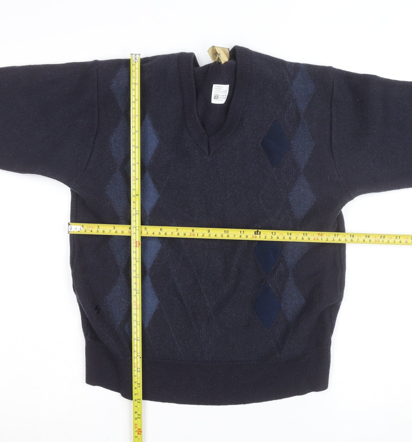 Gabicci Men's Blue Argyle Wool Blend V-Neck Jumper Size M
