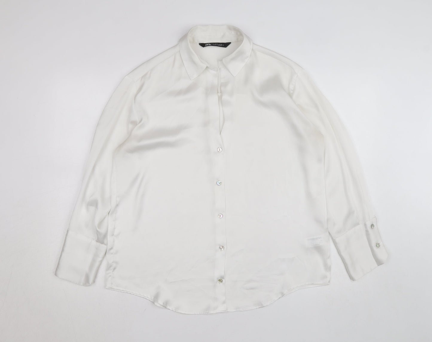 Zara Women White Collared Button-Up Long Sleeve Satin Shirt M