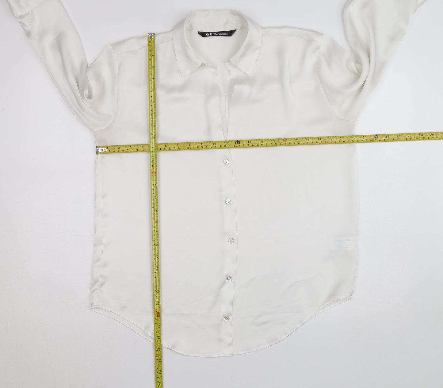 Zara Women White Collared Button-Up Long Sleeve Satin Shirt M