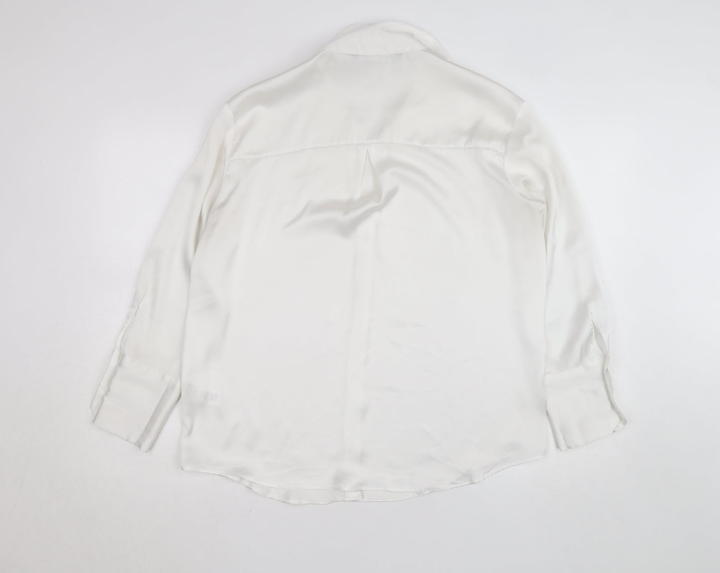 Zara Women White Collared Button-Up Long Sleeve Satin Shirt M