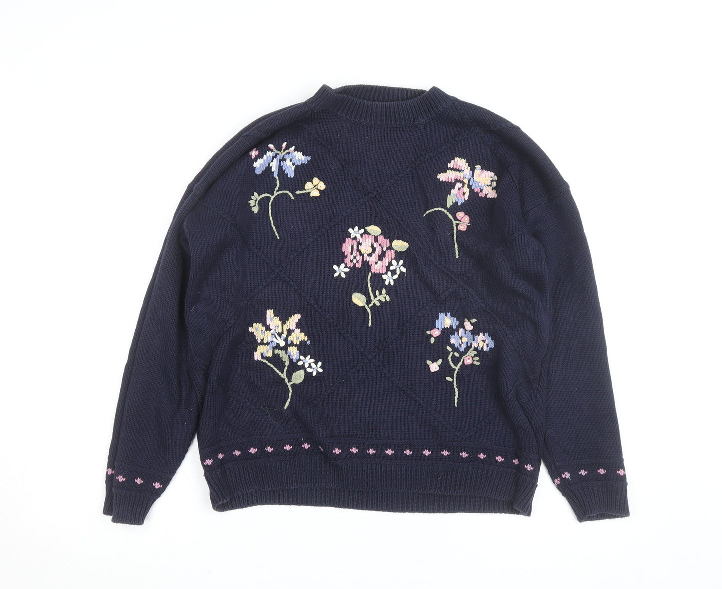 Marks and Spencer Women Navy Floral Embroidered Cotton Jumper Size 12-14