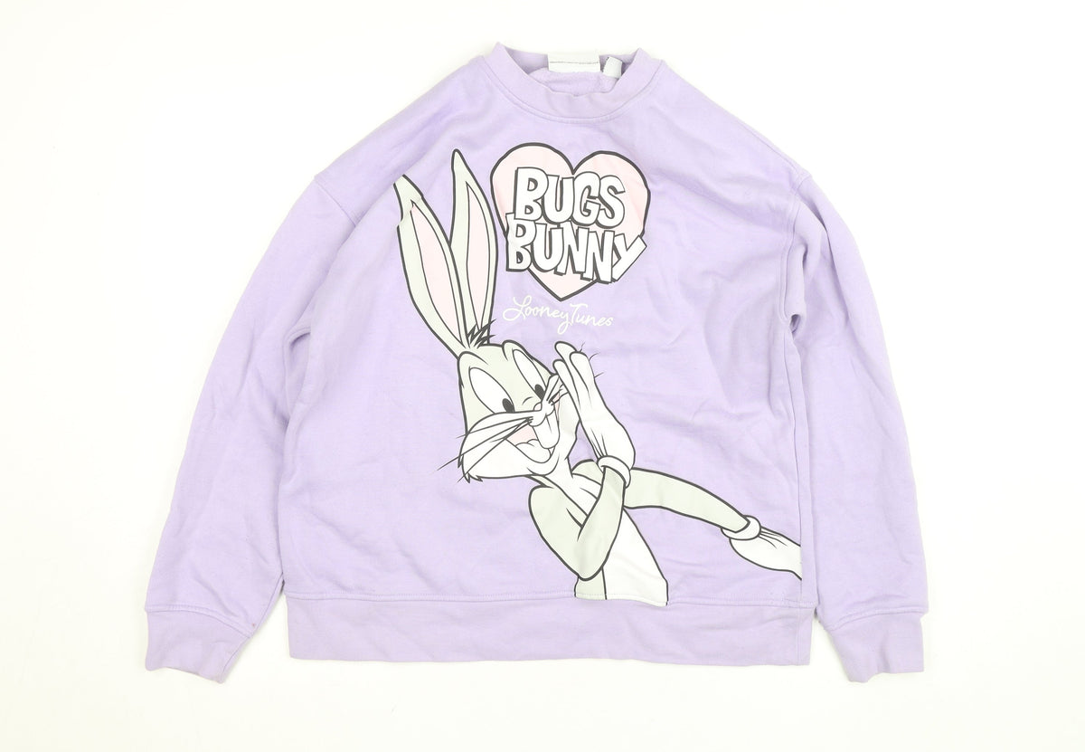 Front view of Looney Tunes Women's Lilac Bugs Bunny Sweatshirt, size S