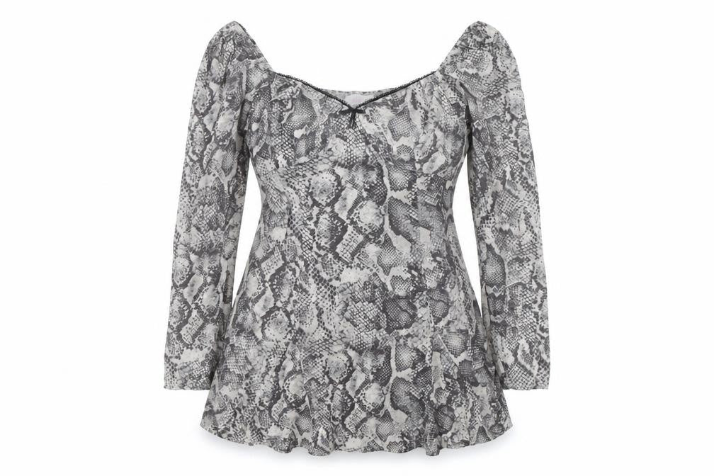 Savida Women’s Grey Snake Print Square Neck Long Sleeve Tunic Blouse Size 16