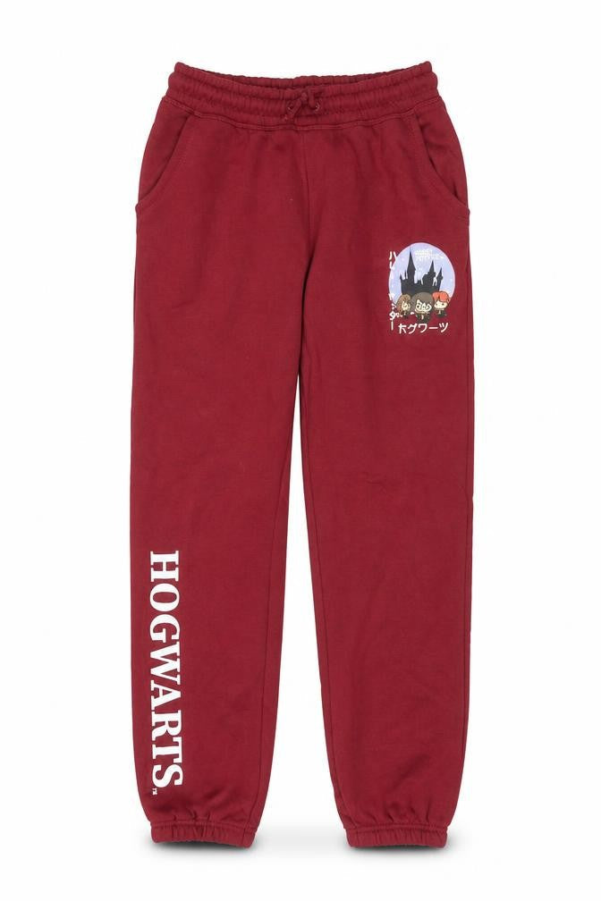 Front view of Harry Potter girls’ burgundy jogger sweatpants 12-13 years hogwarts theme