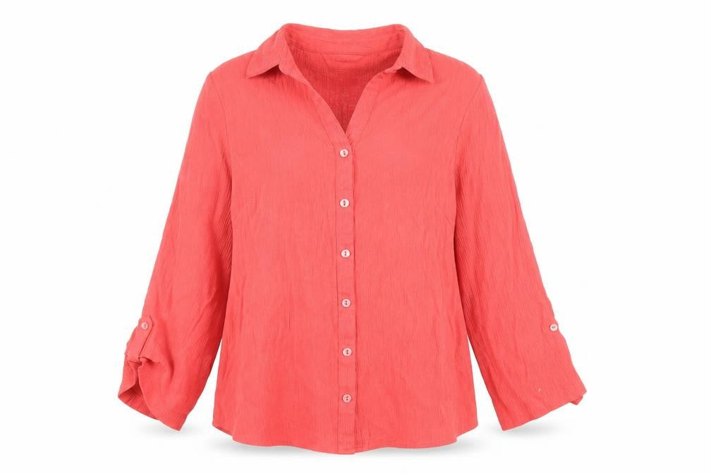EWM Women Coral Button-Up Blouse Size 12 Long Sleeve Polyester Blend