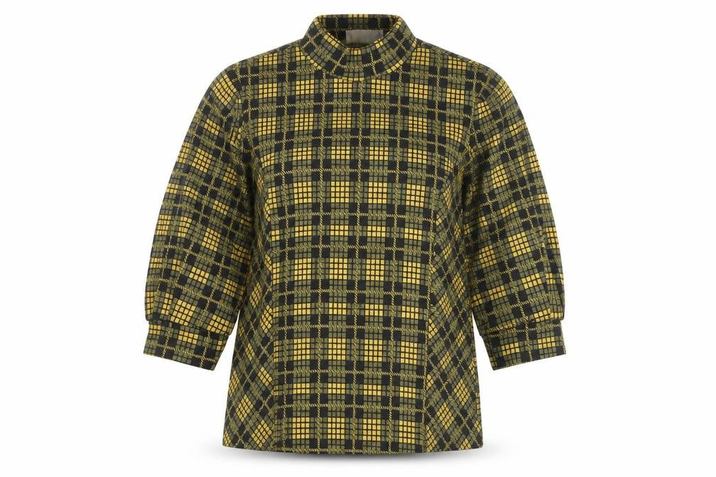Stradivarius Women Yellow Check High Neck Long Sleeve Blouse Size 10
