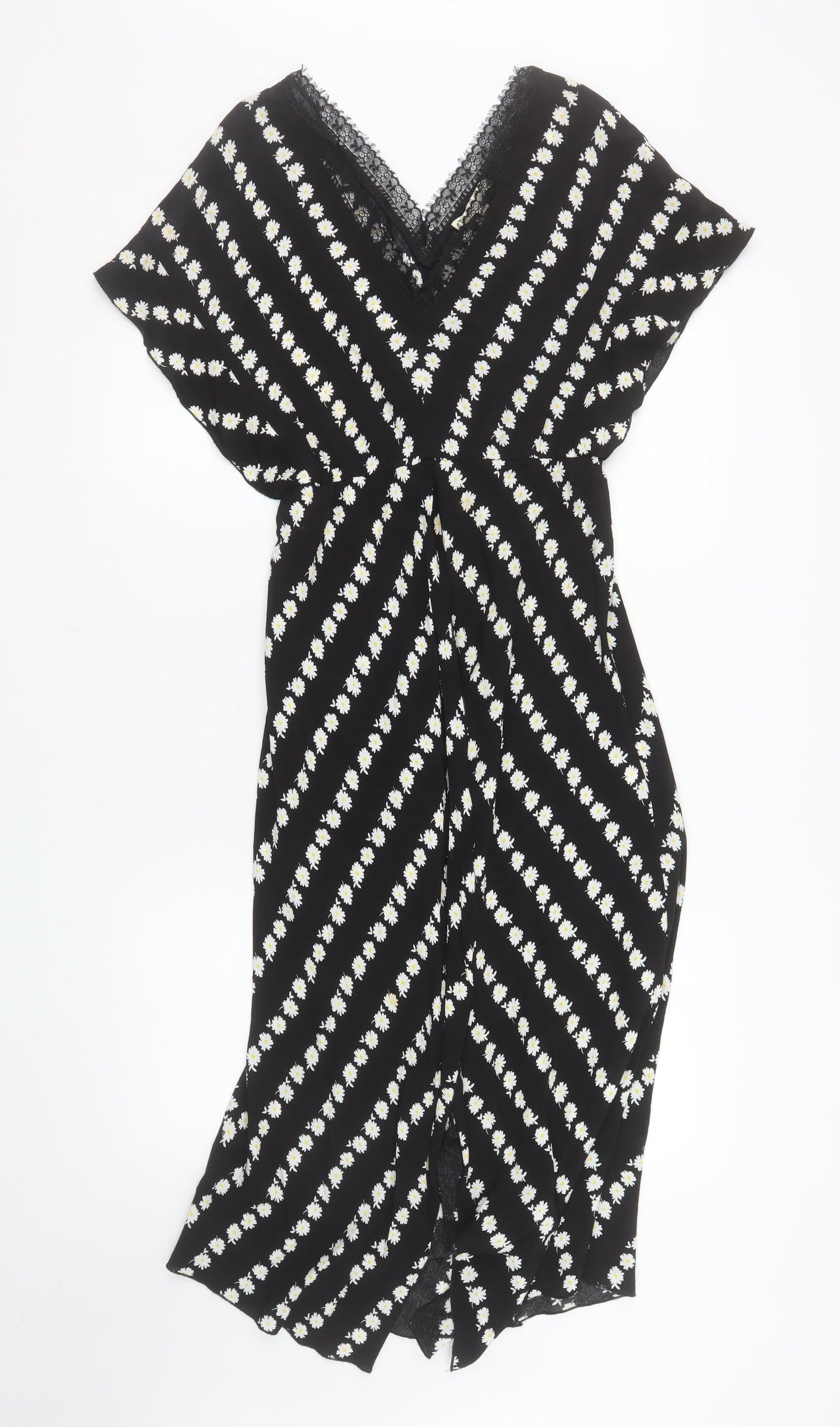 Maje Women's Black Daisy Floral Lace Trim Midi Wrap Dress Size 8