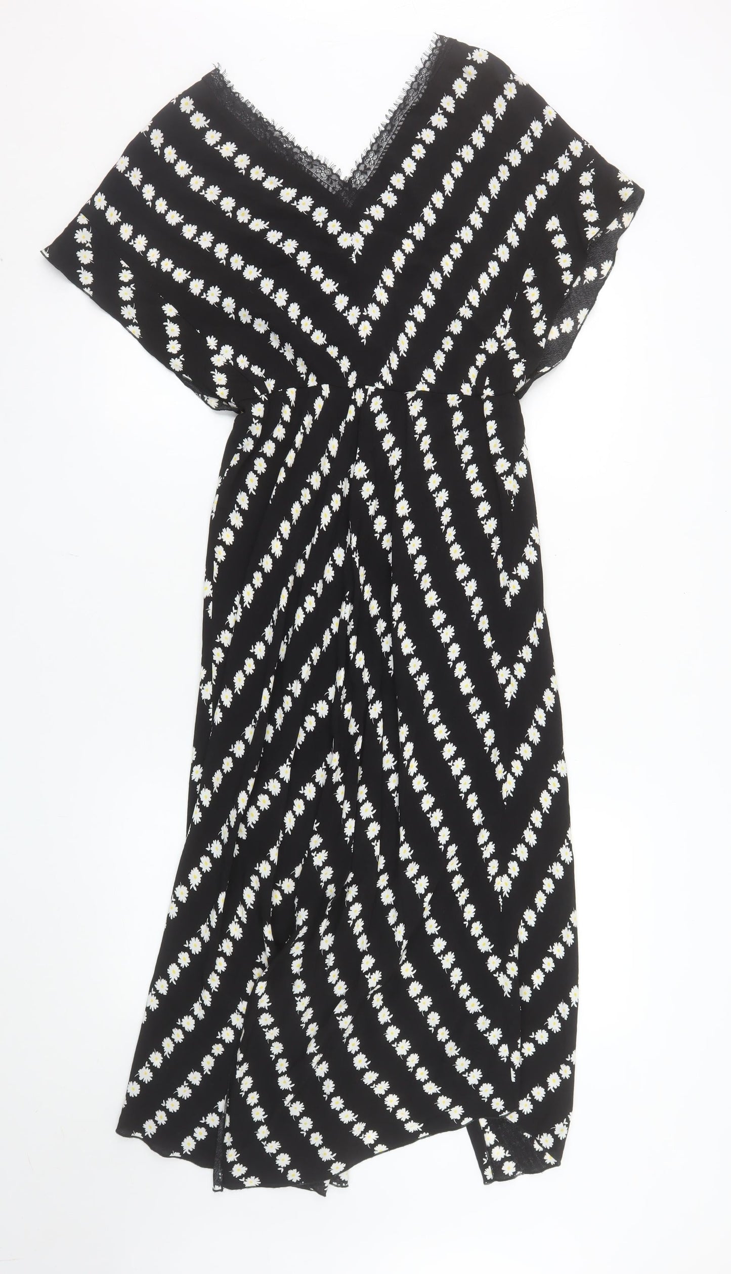 Maje Women's Black Daisy Floral Lace Trim Midi Wrap Dress Size 8