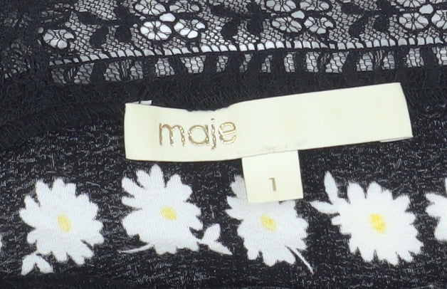 Maje Women's Black Daisy Floral Lace Trim Midi Wrap Dress Size 8