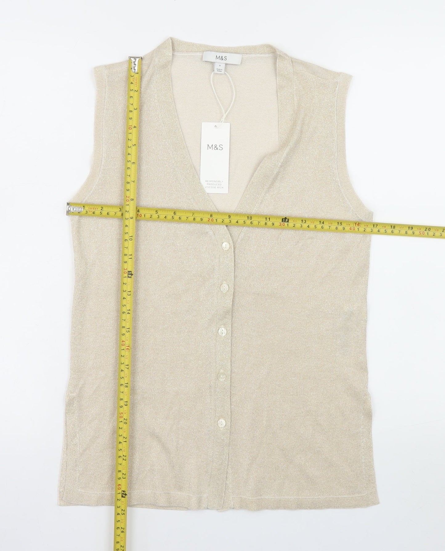 Marks and Spencer Women Beige Sleeveless V-Neck Knit Vest Small