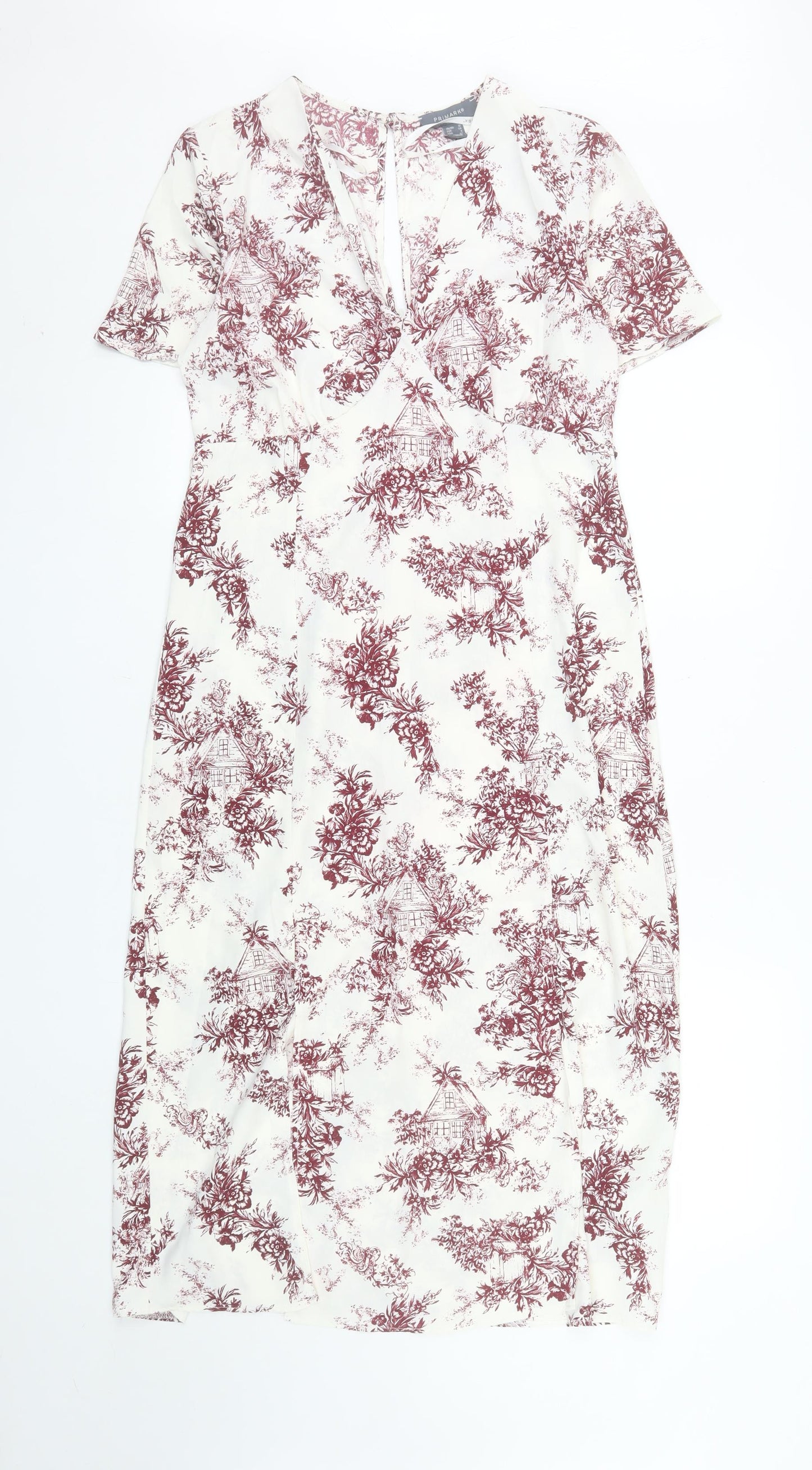 Primark Women White Floral Midi Wrap Dress Size 10 Short Sleeve