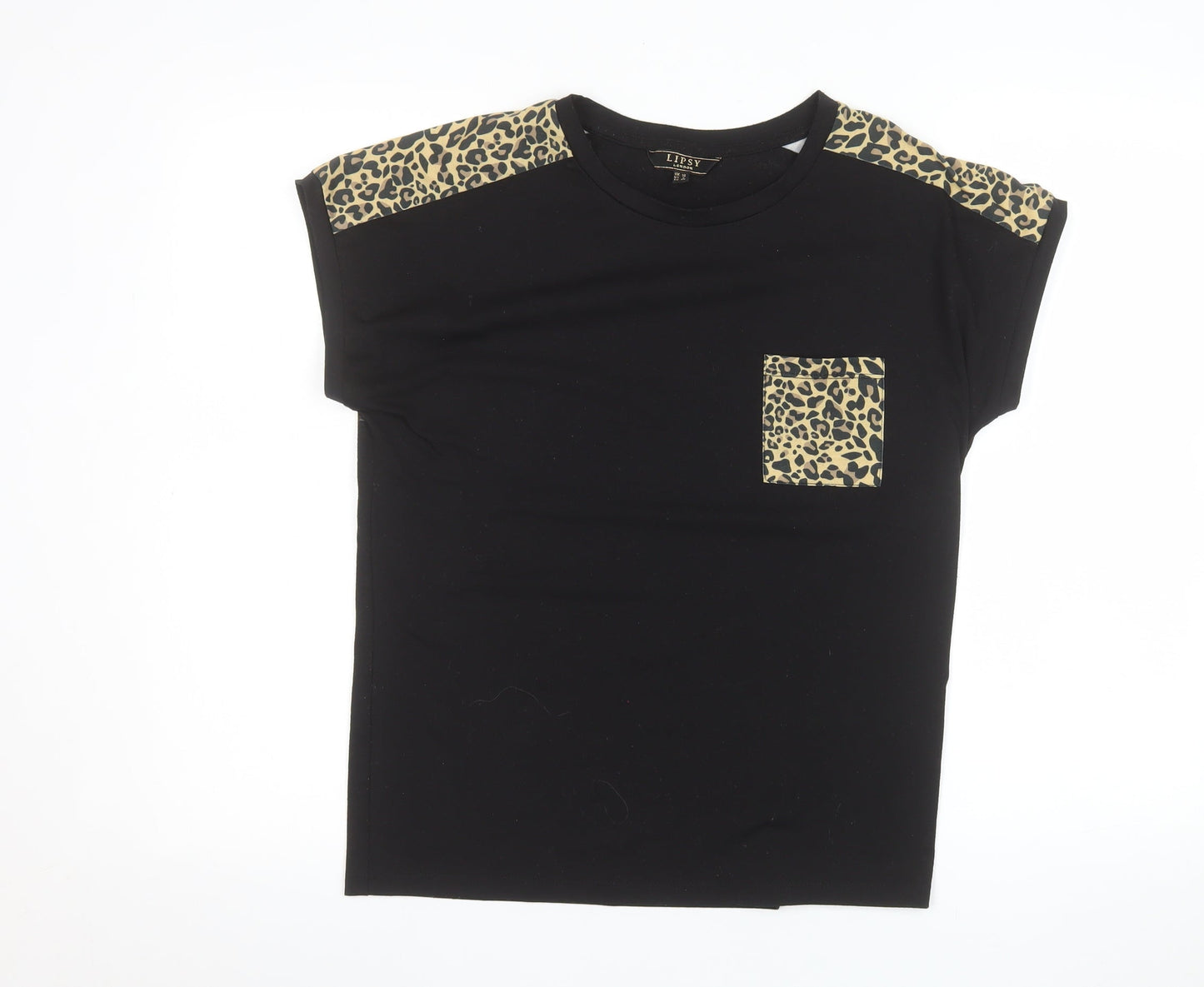 Lipsy Women’s Black Leopard Print Shoulder Pocket T-Shirt Size 10