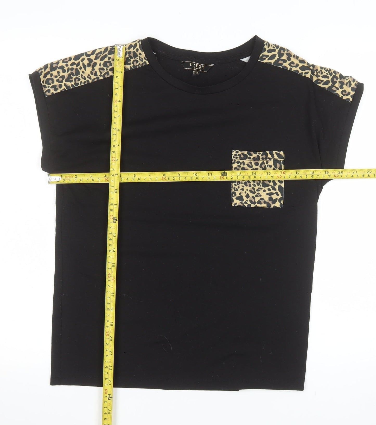 Lipsy Women’s Black Leopard Print Shoulder Pocket T-Shirt Size 10