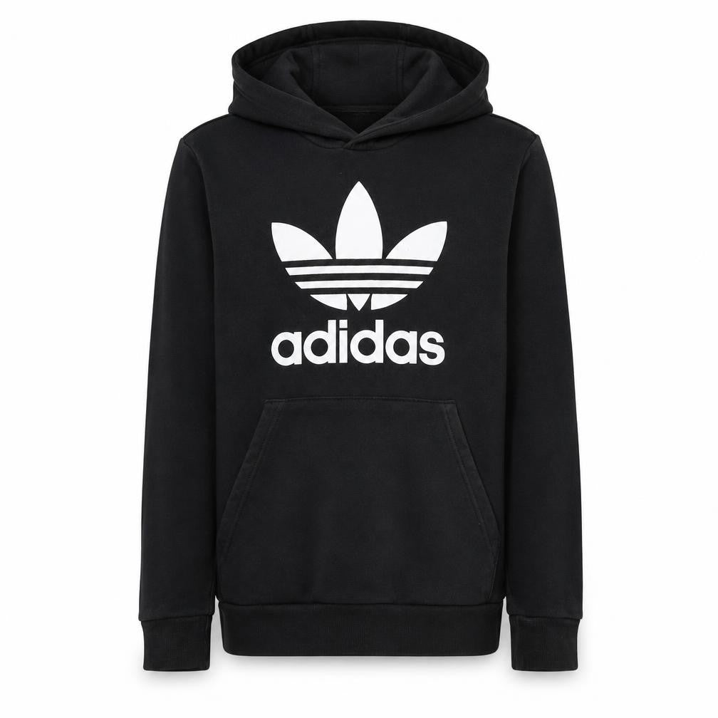 Front view of Adidas boys’ black pullover hoodie 13-14 years regular fit fleece sweatshirt
