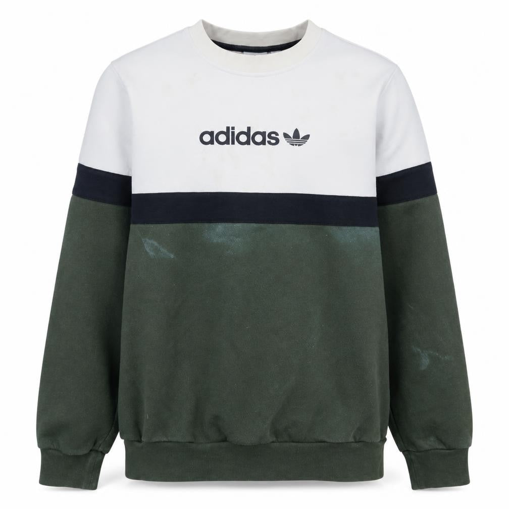 Front view of Adidas boys’ green & white colourblock crew neck sweatshirt, size 13-14, years