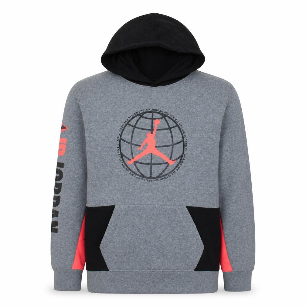 Front view of Jordan boys’ grey xl pullover hoodie with logo graphic print