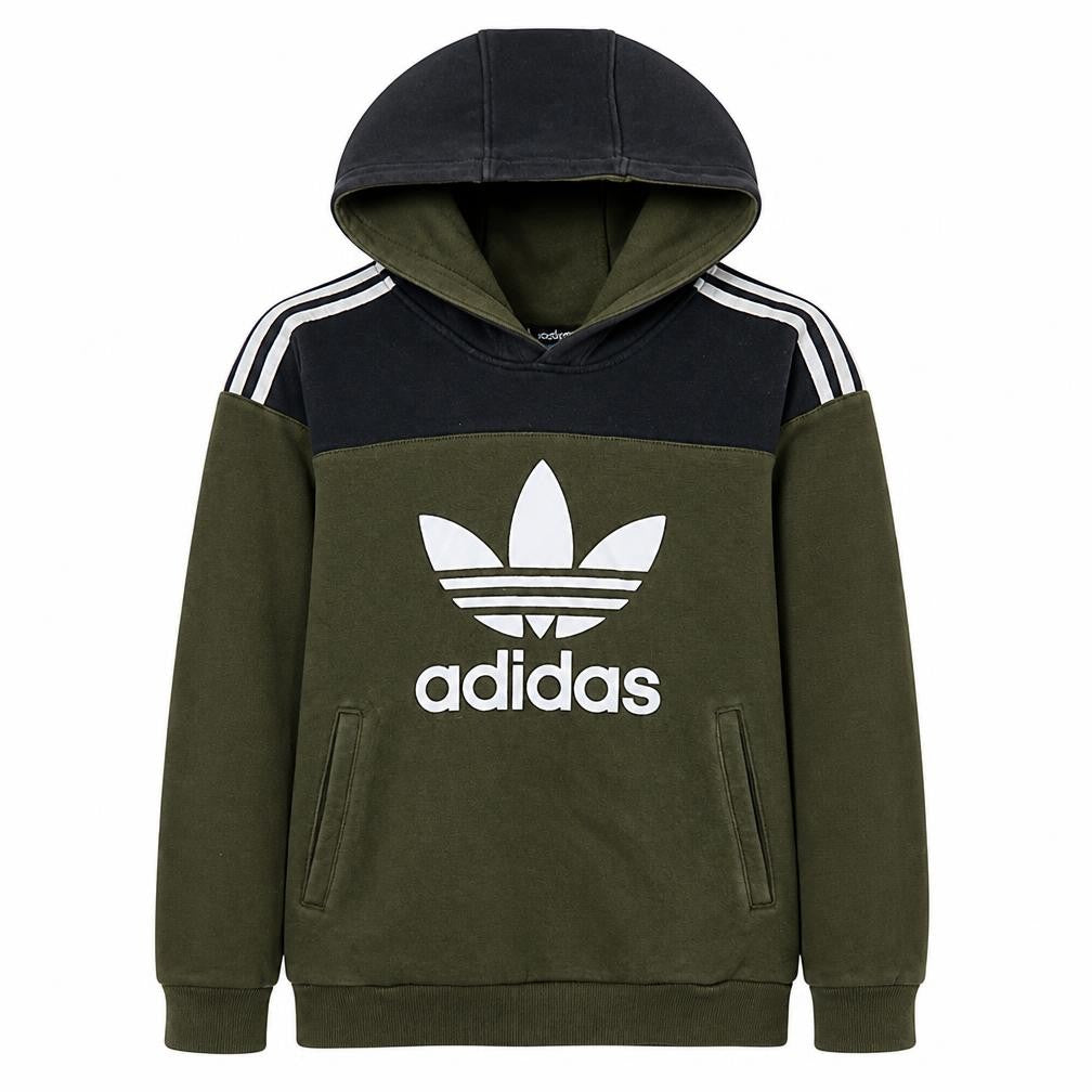 Front view of Adidas boys’ green colourblock pullover hoodie 13-14 years hooded sweatshirt