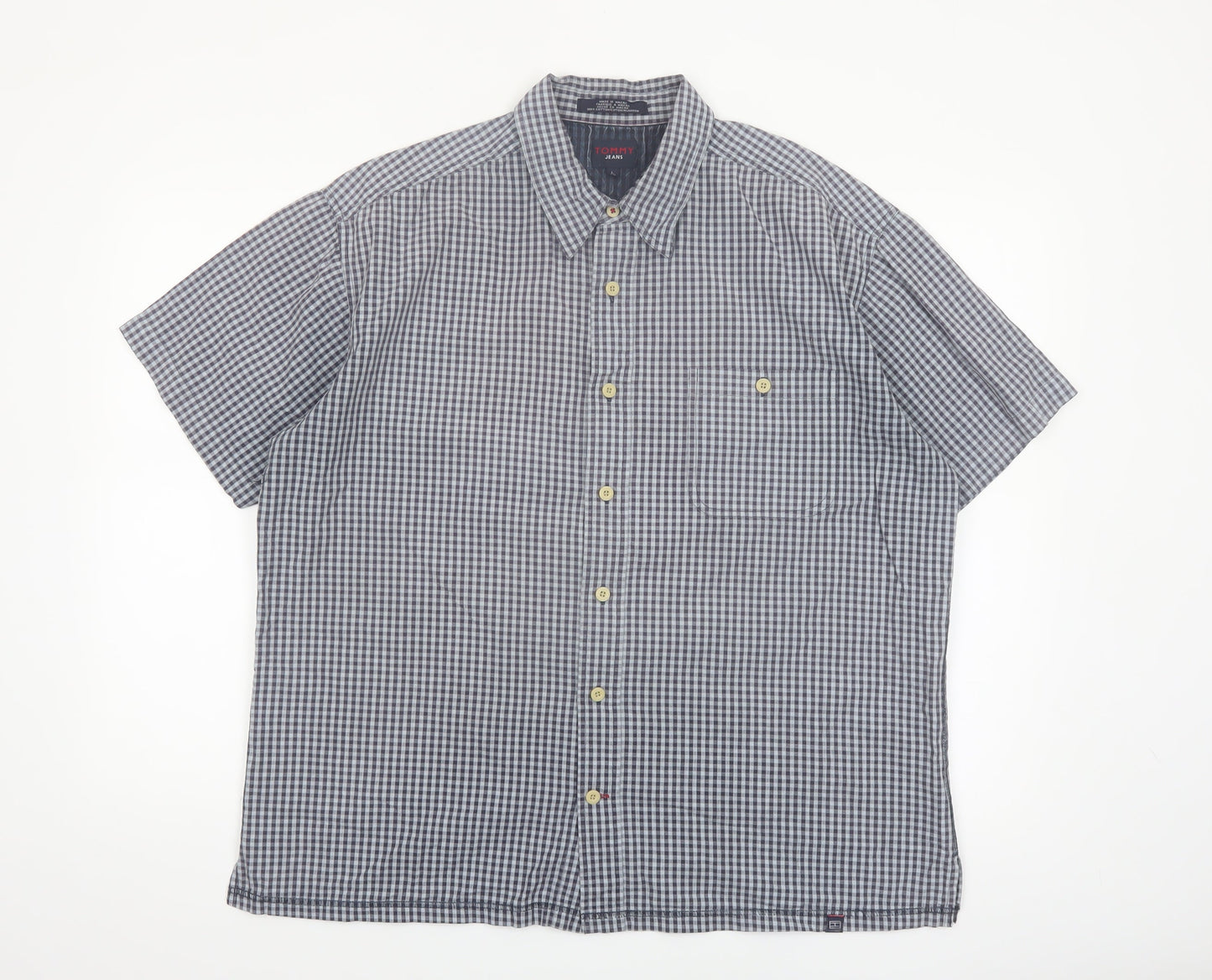 Tommy Jeans Men's Blue Check Short Sleeve Cotton Button-Up Shirt L