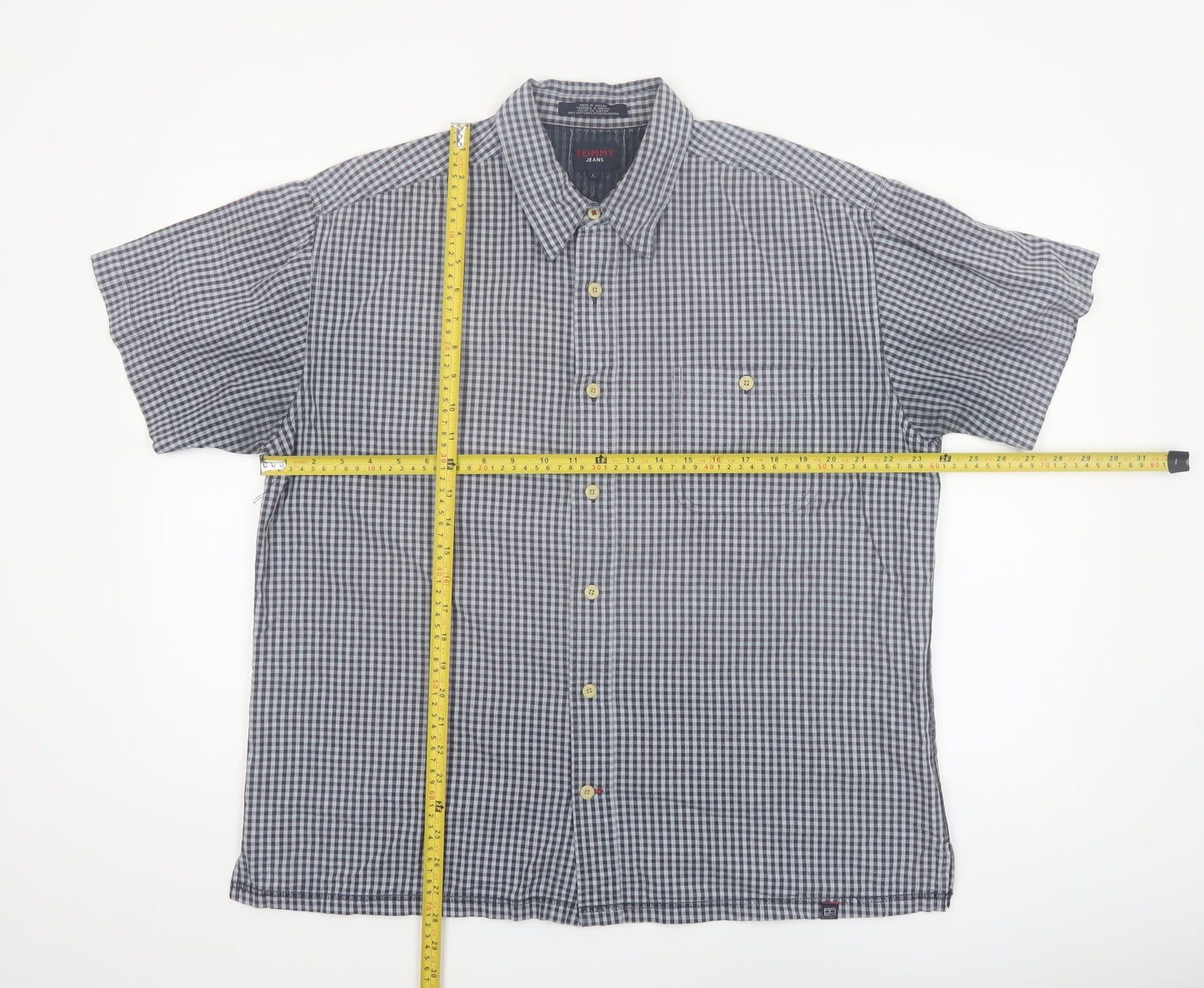 Tommy Jeans Men's Blue Check Short Sleeve Cotton Button-Up Shirt L