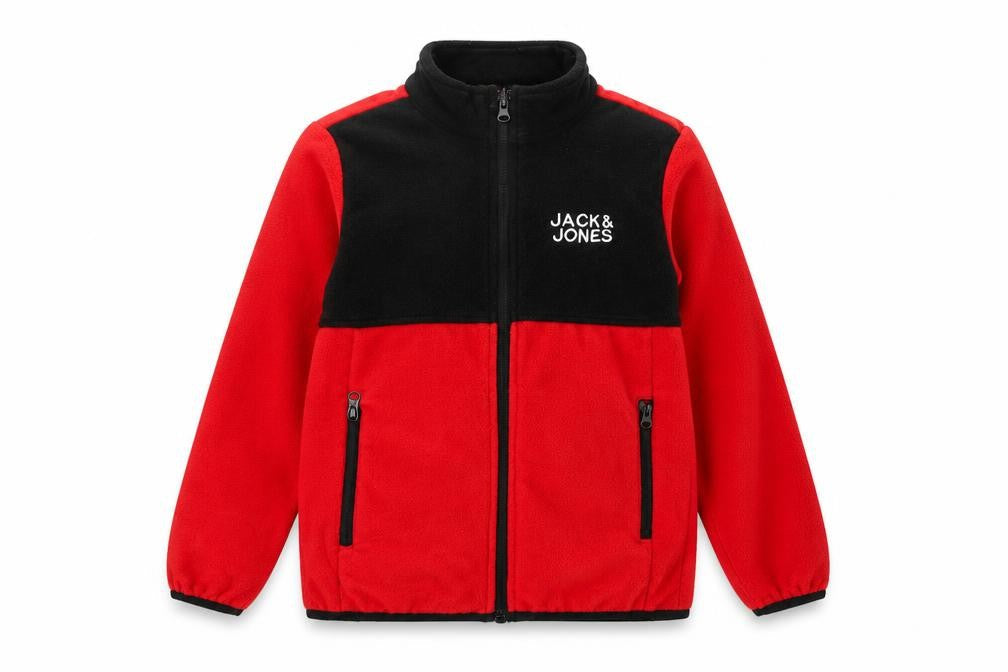 Front view of Jack & Jones boys’ red & black fleece zip jacket 12-13 years