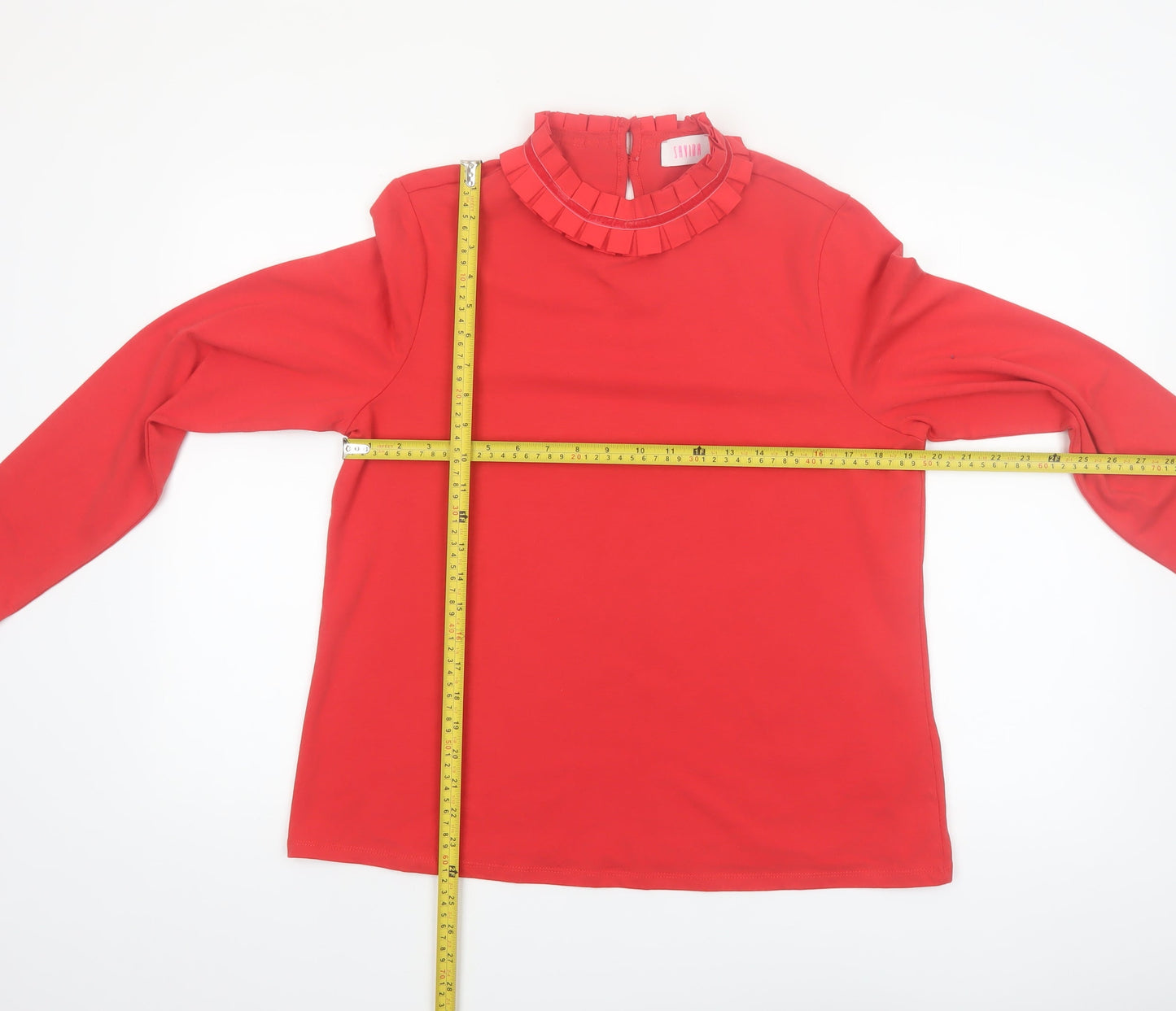 Savida Women's Red Long Sleeve Ruffle High Neck Blouse Size 16