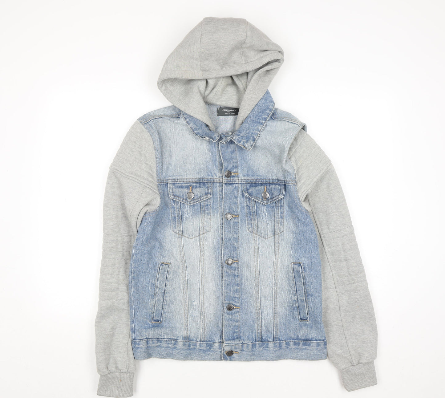 Primark Men Blue Denim Jacket Hooded Grey Sleeves Size S