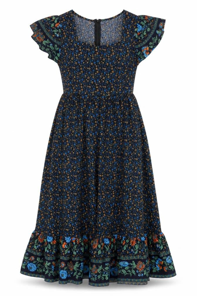 Skue Women Blue Floral Midi A-Line Dress Size 10 Puff Sleeve