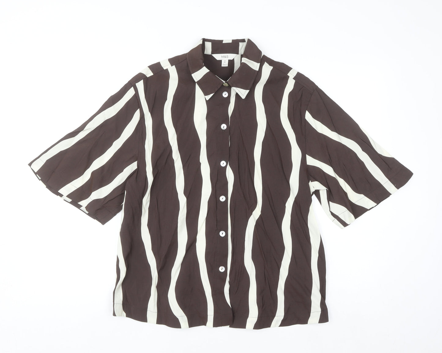 Marks and Spencer Women Brown Striped Button-Up Shirt Size 12
