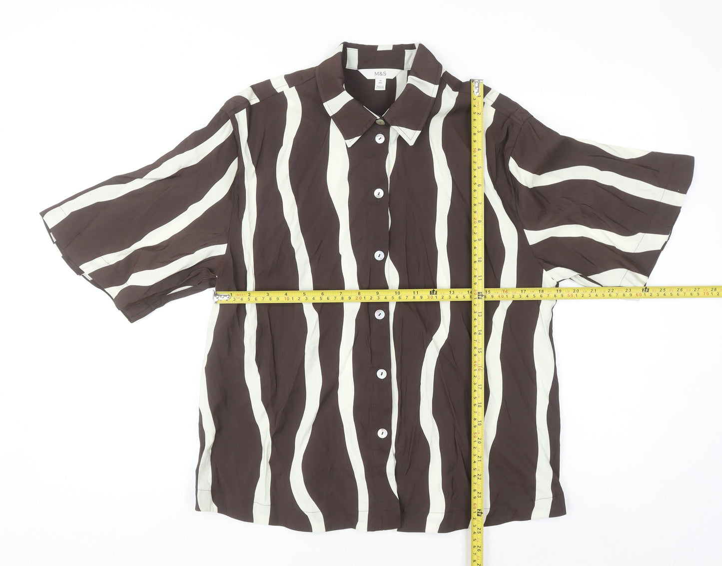 Marks and Spencer Women Brown Striped Button-Up Shirt Size 12