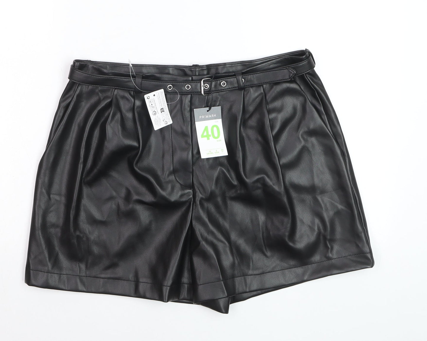 Primark Women Black Faux Leather Paperbag Shorts Size 12