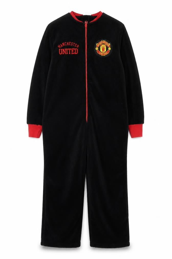 Front view of Manchester United boys’ black fleece one piece pyjama s zip up winter nightwear