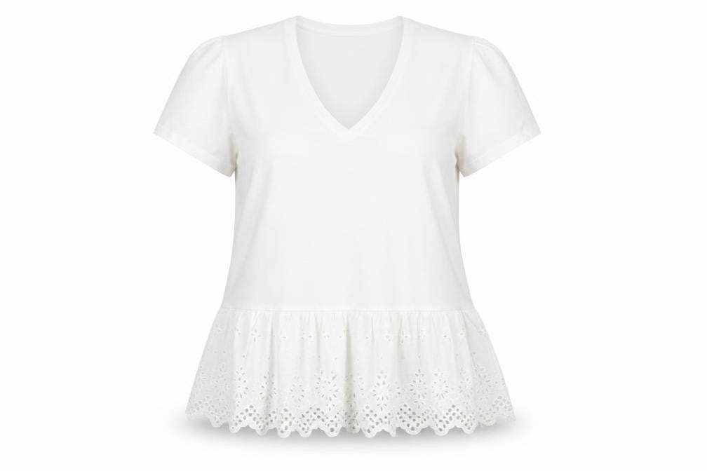 Savida Women White V-Neck Tunic T-Shirt Size 16 Cotton Embroidered Hem