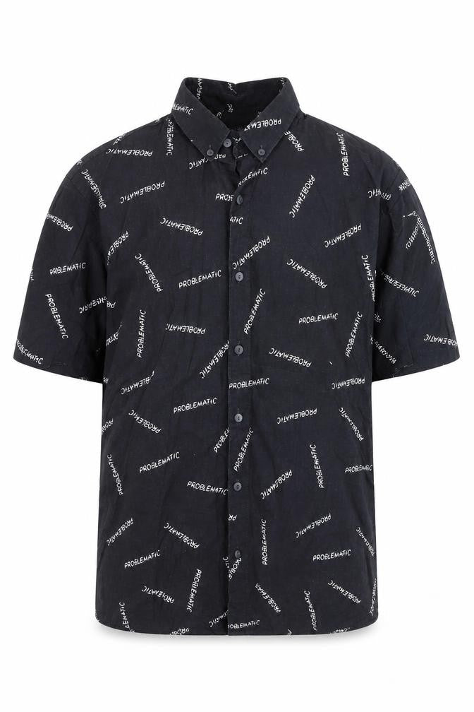 Pull & Bear Men's Black Graphic Short Sleeve Button-Up Shirt L