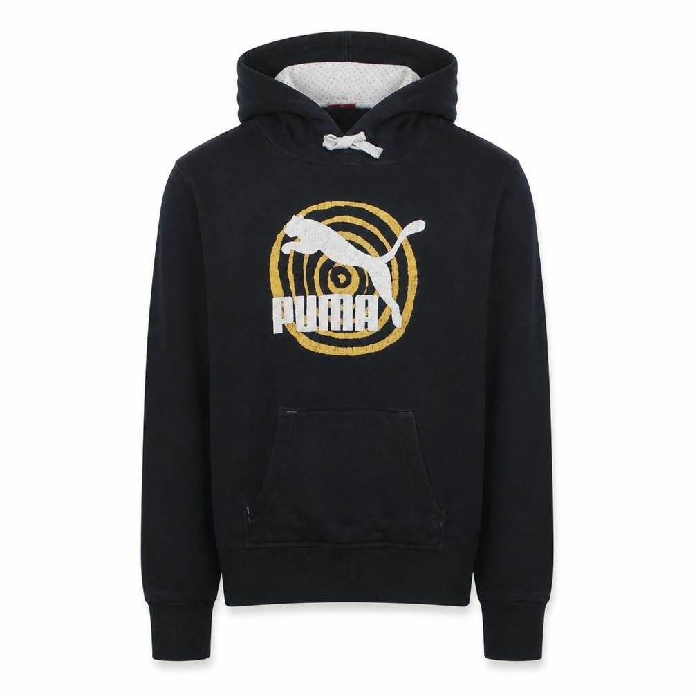 Front view of Puma boys’ black pullover hoodie 16 years logo graphic cotton sweatshirt